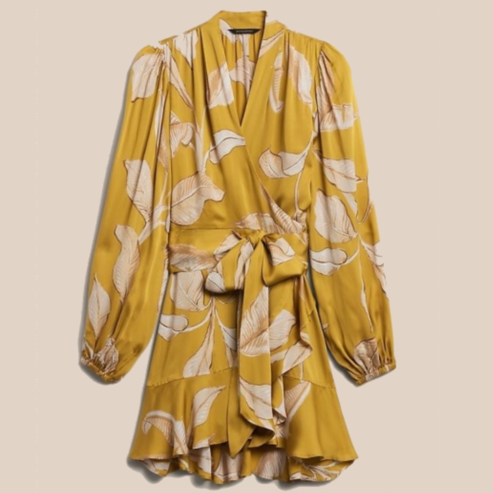Banana Republic Ruffle Wrap Mini Dress Yellow Floral M, NWT